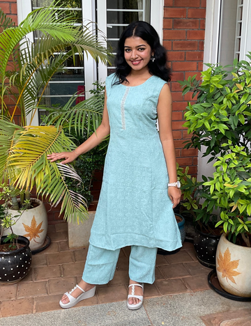 Embossed Rayon Cotton Princess Cut Co-ord Set - Blue