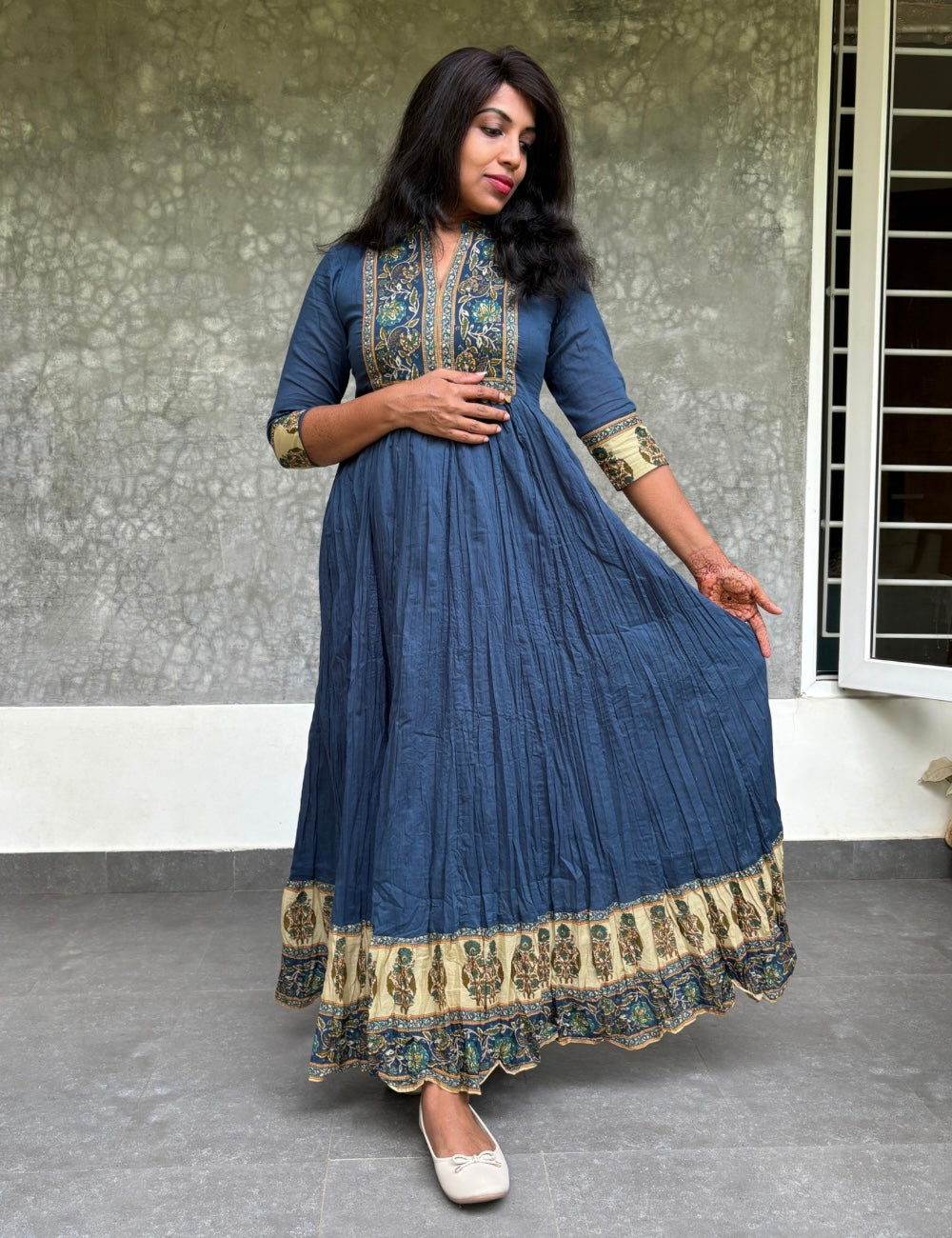 Kalamkari Printed Mul Mul Crushed Cotton Designer Maxi Dress - Dark Blue