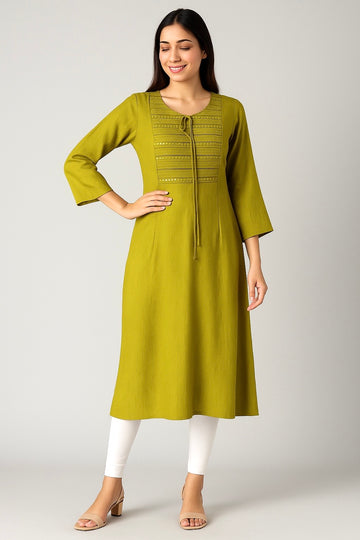 Jute Silk Straight Cut Kurta with Foil Mirror Work - Olive Green