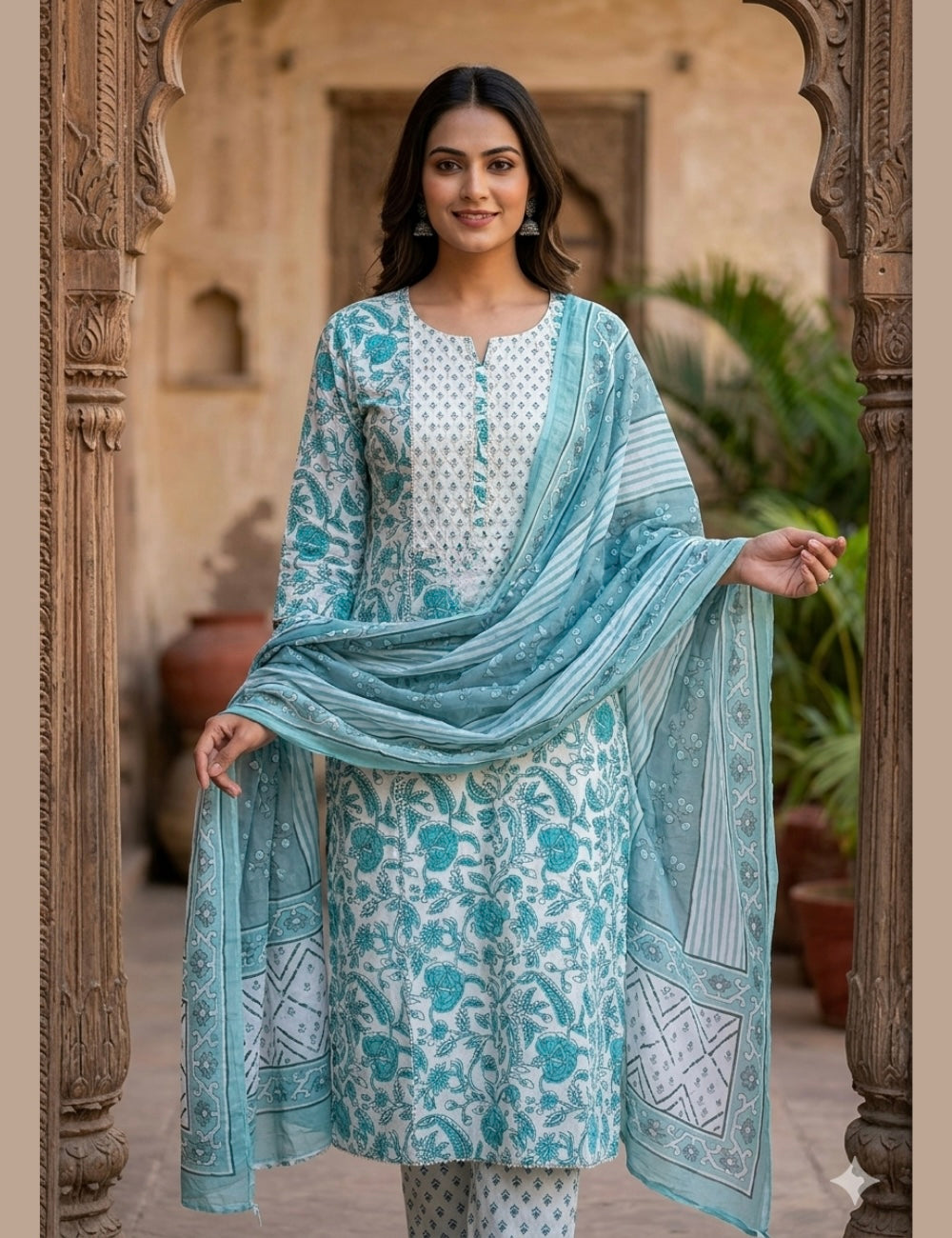 Hand Block Printed Cotton Unstitched Salwar - White
