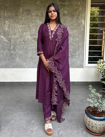 Muslin Silk Aline Designer Kurta Set with Cutwork Dupatta - Wine Purple