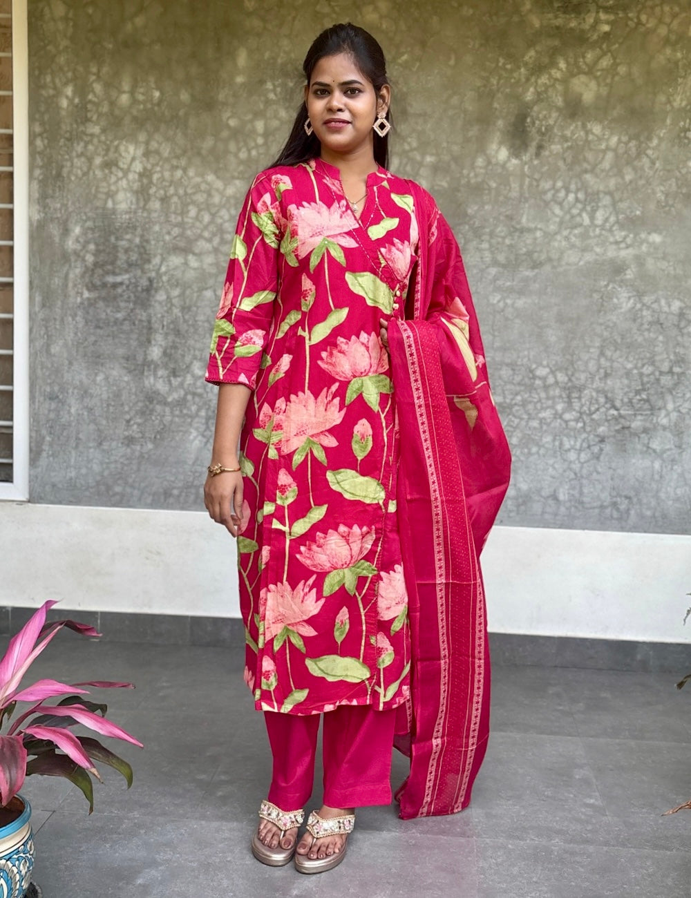 Floral Printed Cotton Angrakha Pattern Kurta Set - Reddish Pink
