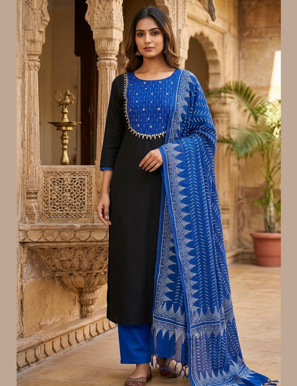 Gota Worked Cotton Unstitched Salwar with Ikat Patch Work - Black