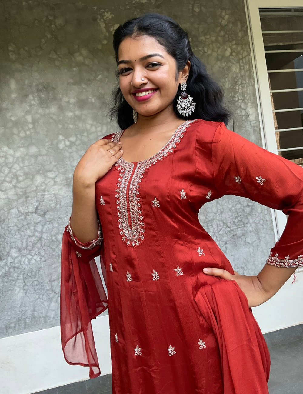 Chinon Silk Embellished Designer Anarkali Kurta Set – Burnt Orange
