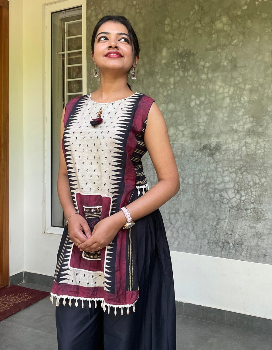 Roman Silk Designer Kurta Set with Side Detailing - Black