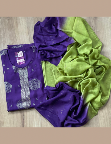 Dola Silk Designer Unstitched Salwar with Ethnic Prints - Violet