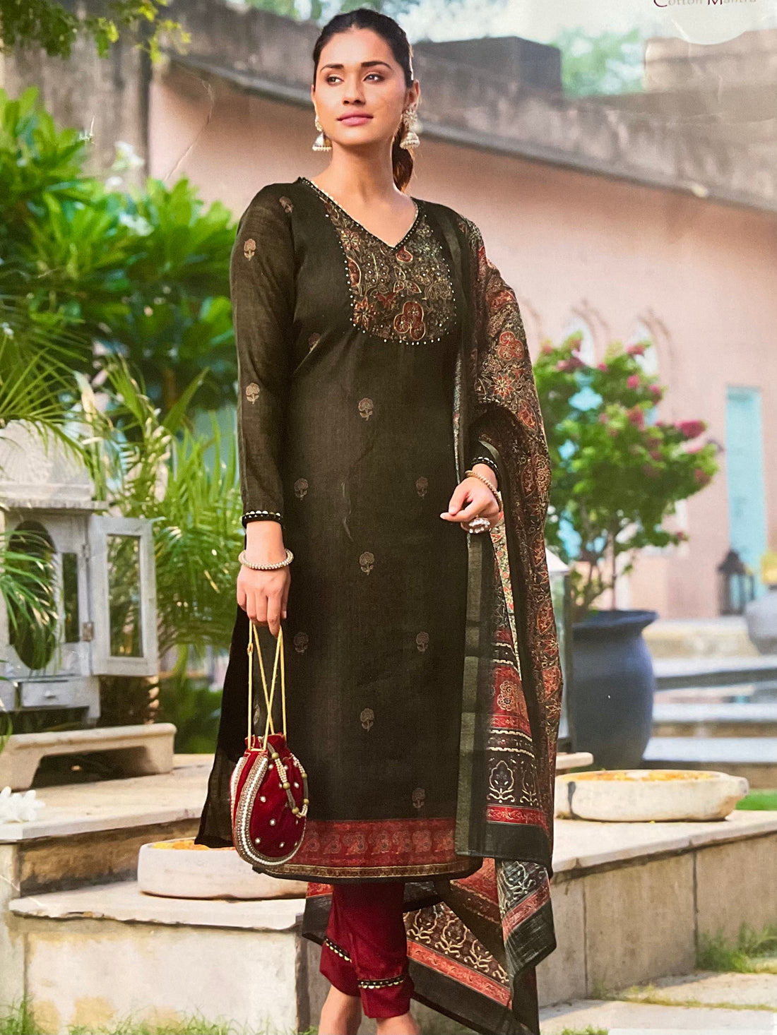 Soft Tissue Silk Ethnic Printed Unstitched Salwar - Black