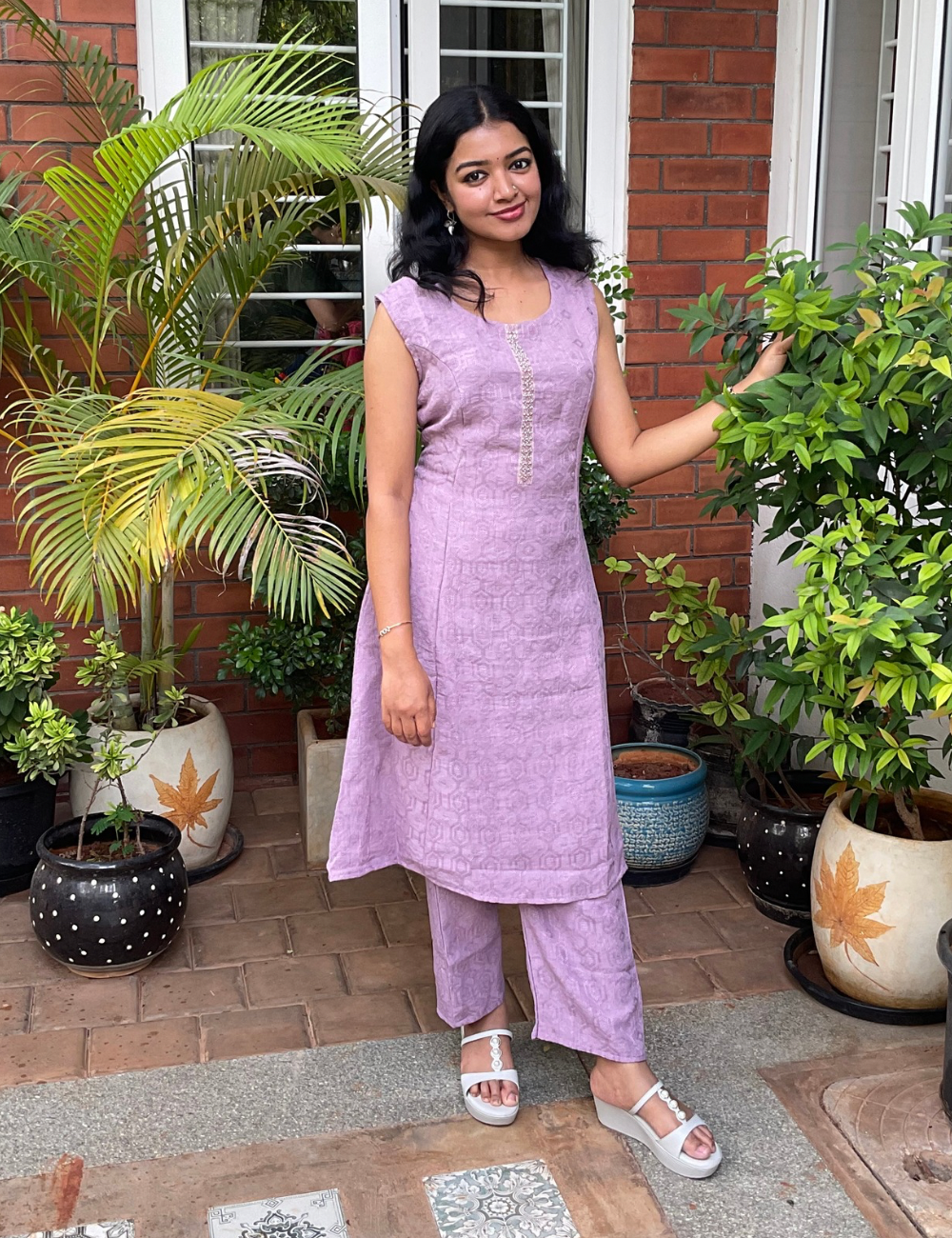 Embossed Rayon Cotton Princess Cut Co-ord Set - Purple