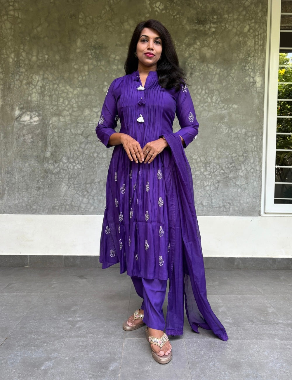 Soft Silk French Knotted Designer Aline Kurta Set - Dark Purple