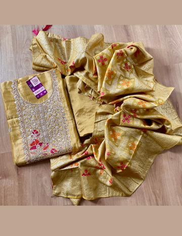 Dori Worked Tissue Silk Unstitched Salwar - Gold