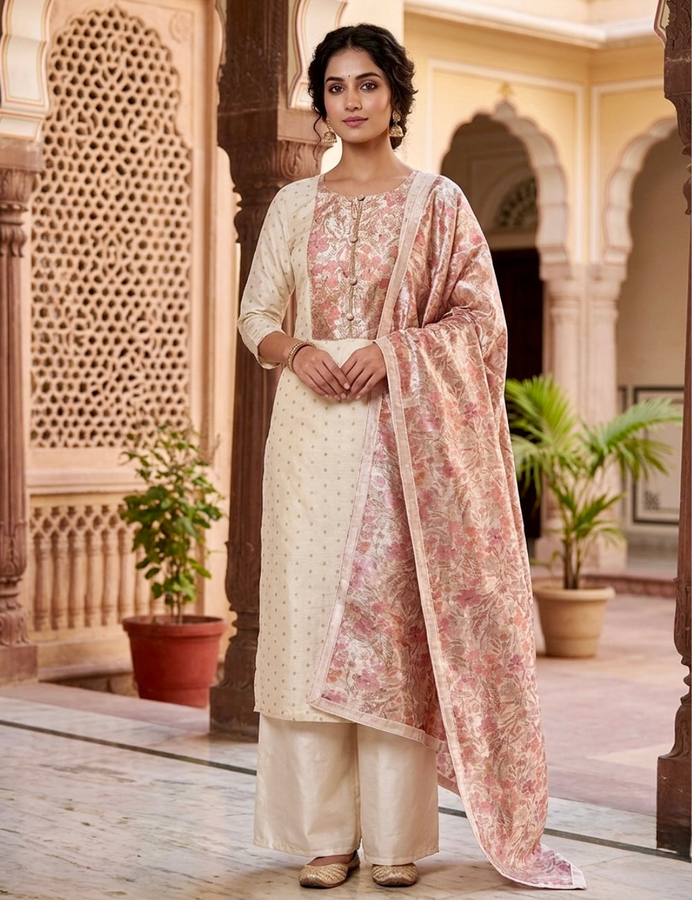 Onam Special Chanderi Silk Designer Unstitched Salwar - Off White
