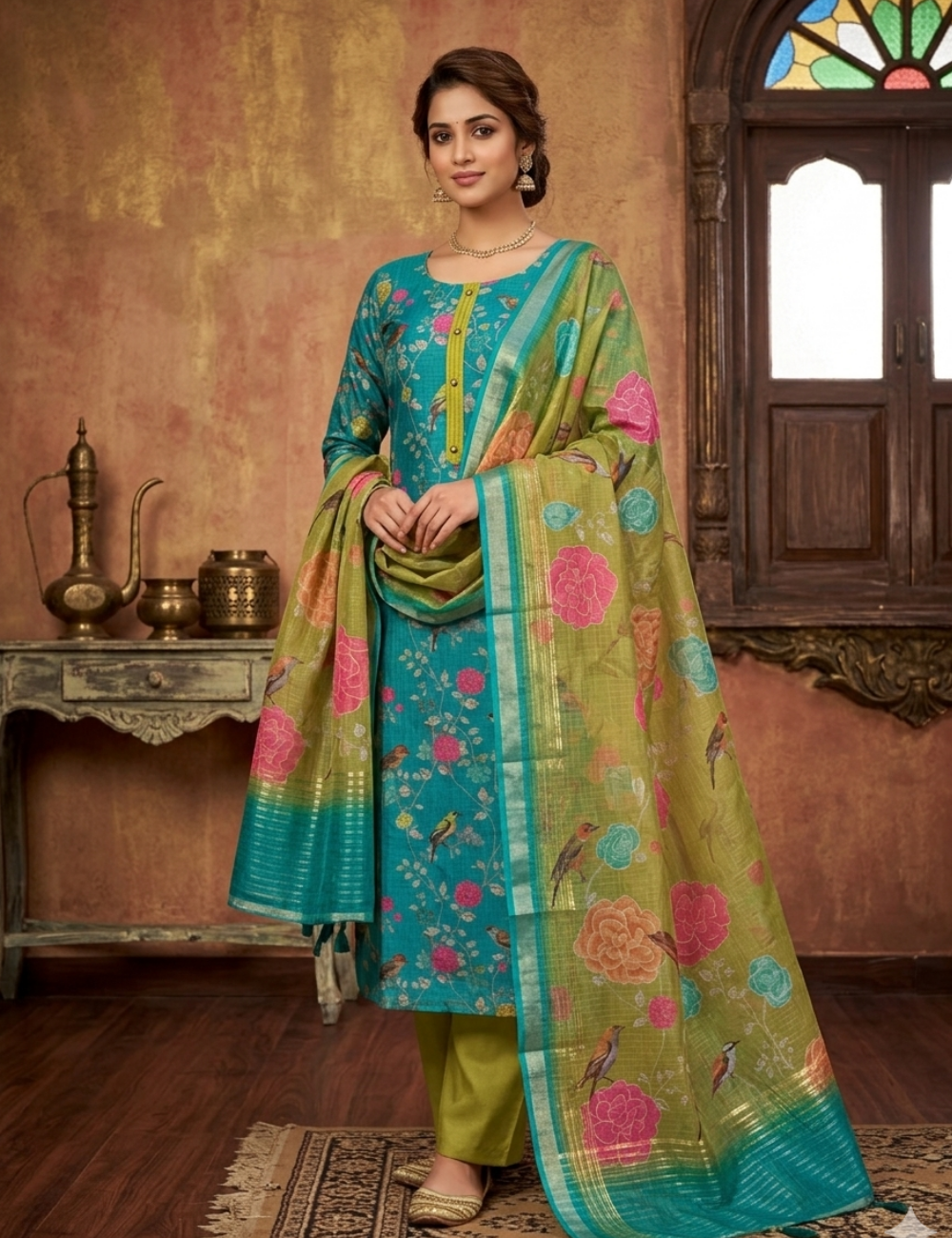 Kota Silk Designer Unstitched Salwar with Bird Prints - Rama Blue