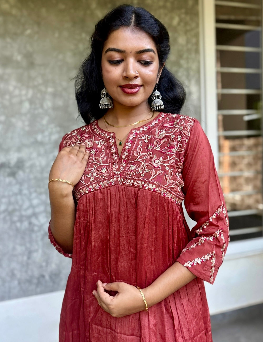 Chinon Silk Embroidered Designer Kurta Set - Brown