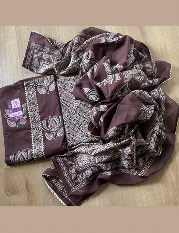 Premium Soft Cotton Designer Unstitched Salwar with Lotus Prints - Dark Brown