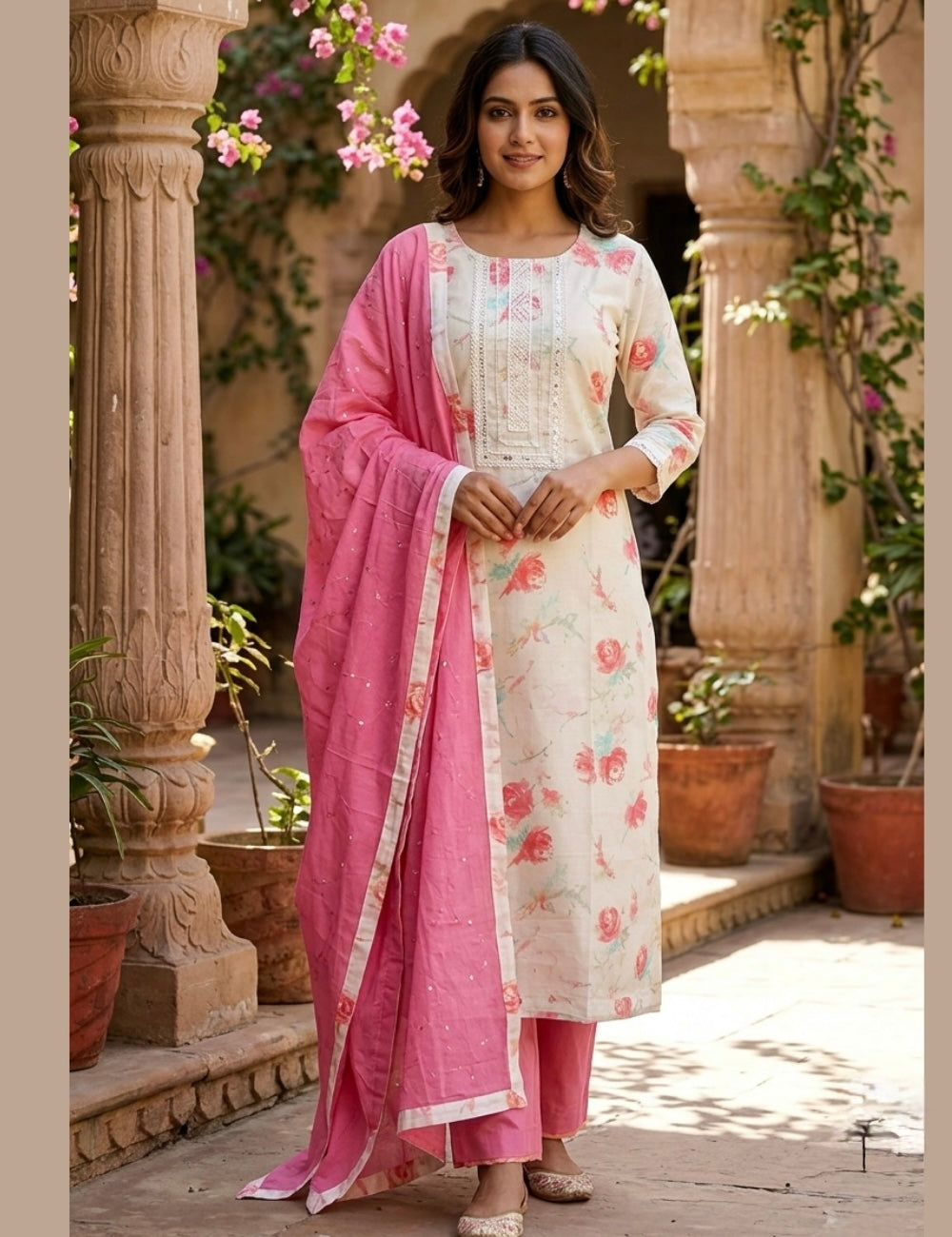 Muslin Silk Floral Printed Designer Unstitched Salwar - Off White