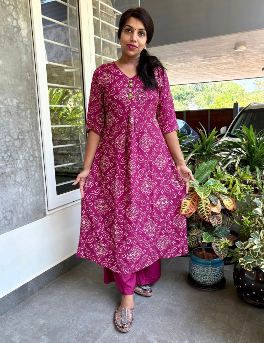 Bandhini Printed Aline Rayon Kurta Set - Magenta Pink