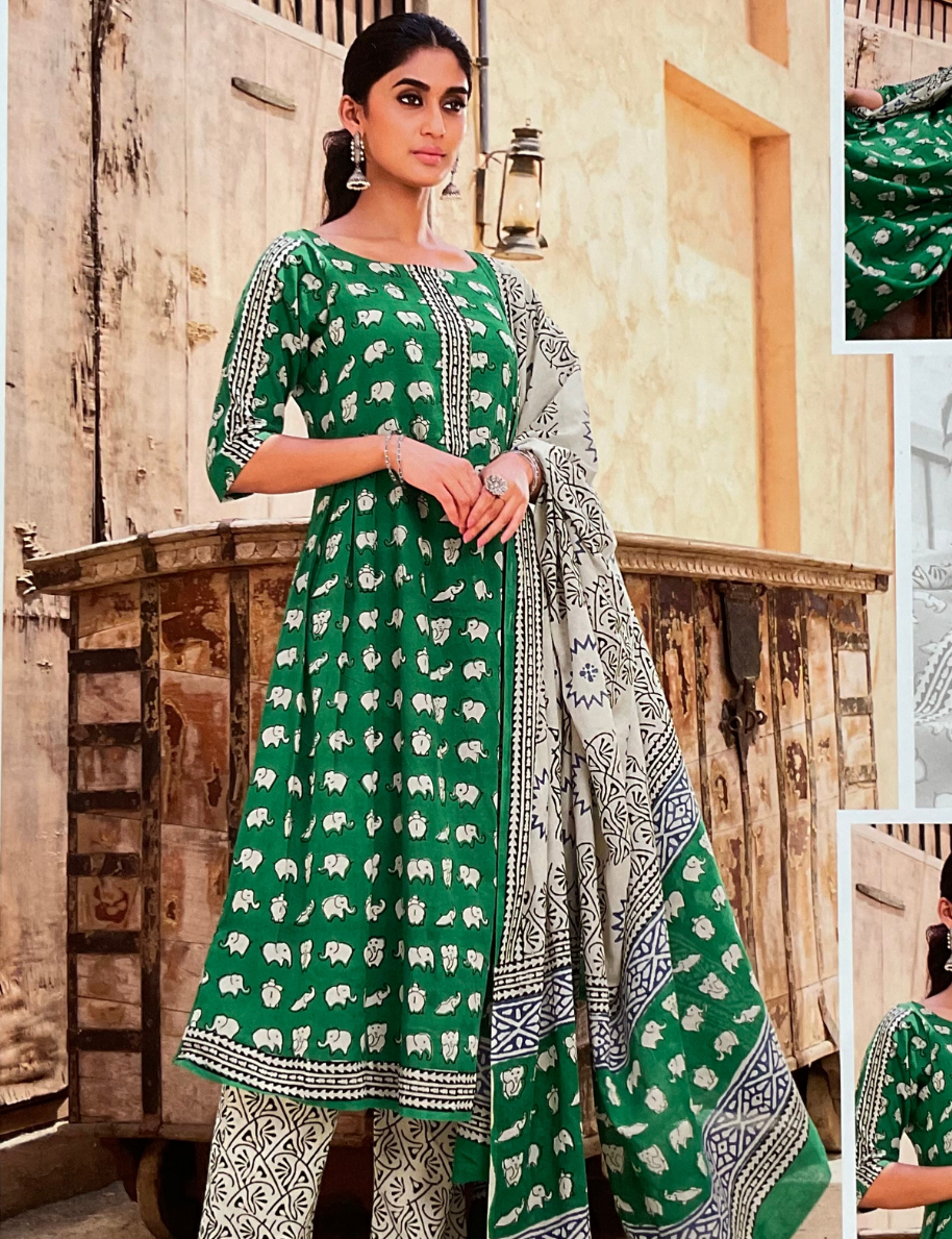 Elephant Printed Cotton Unstitched Salwar - Emerald Green