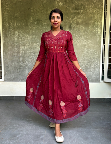 Muslin Silk Hand Block Printed Designer Midi Style Dress - Maroon