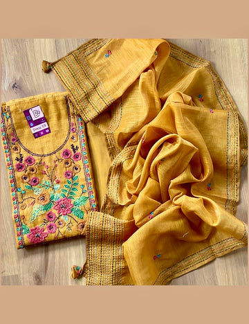 Floral French Knotted Supernet Cotton Unstitched Salwar - Mustard Yellow