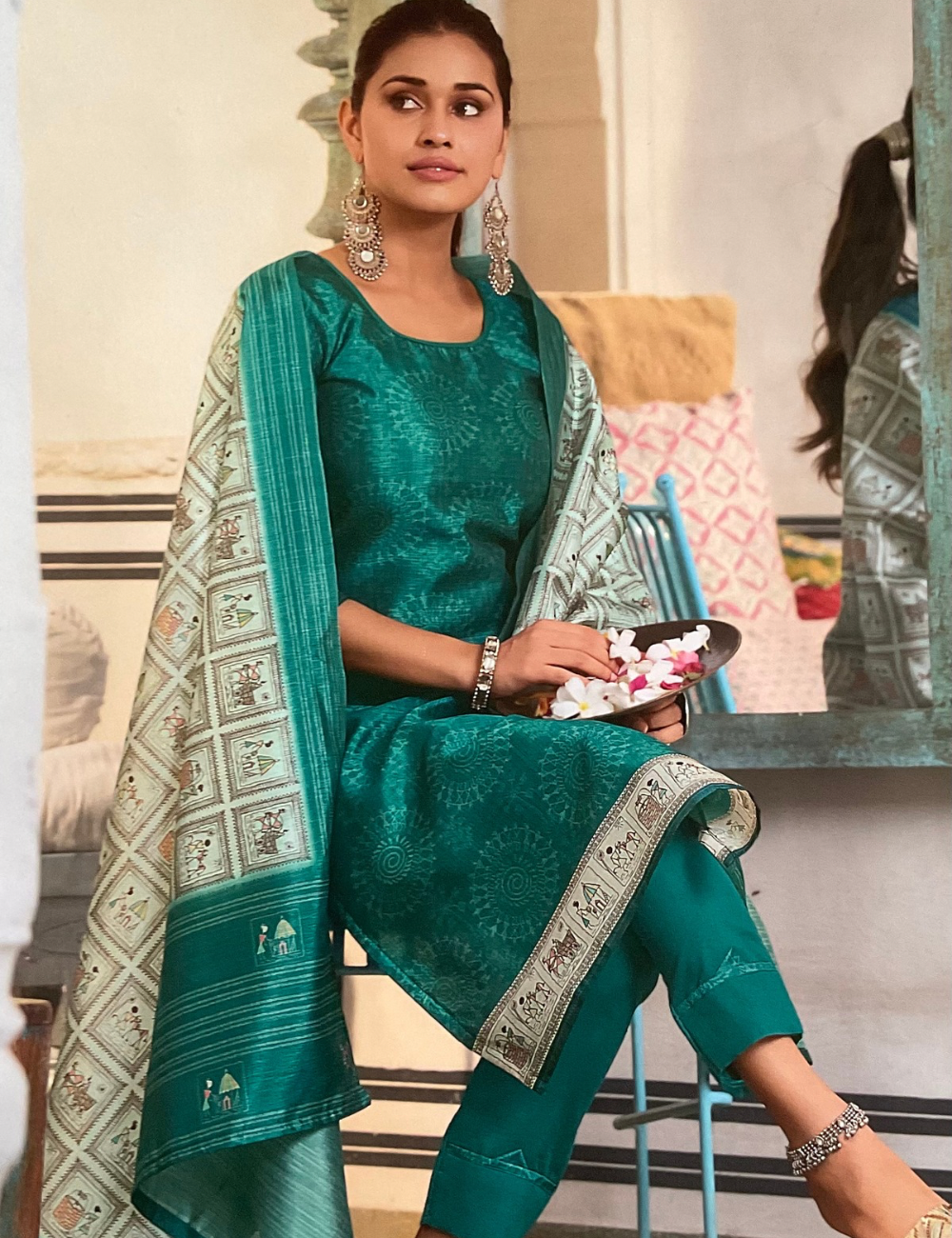 Soft Cotton Silk Tribal Art Printed Designer Unstitched Salwar - Rama Green