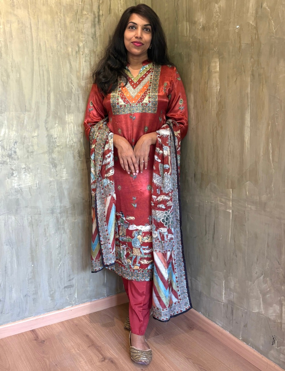 Gajji Silk Designer Kurta Set with Beautiful Village Themed Organza Dupatta - Brown