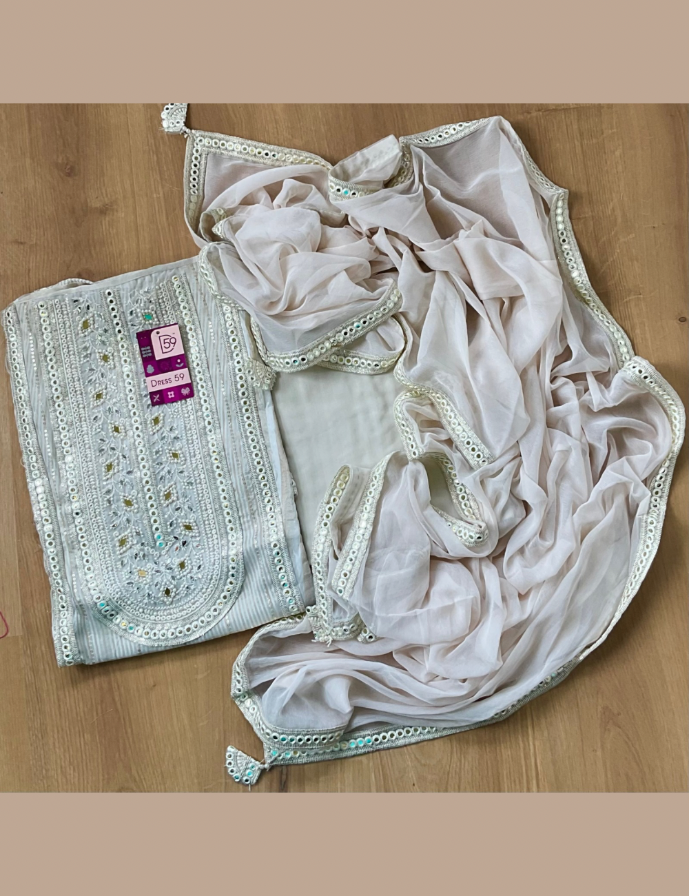 Soft Tissue Silk Designer Unstitched Salwar with Mirror and Pearl Work - Off-White