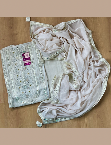 Soft Tissue Silk Designer Unstitched Salwar with Mirror and Pearl Work - Off-White