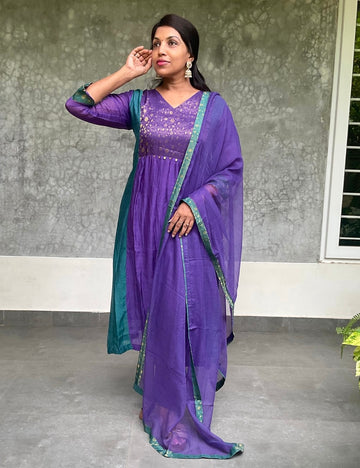 Mul Chanderi Traditional Kurta Set With Kota Dupatta - Purple