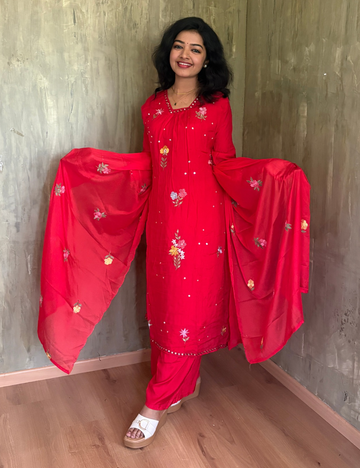 Muslin Silk Floral Embroidered Designer Kurta Set - Red