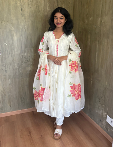 Muslin Silk Designer Mirror Work ALine Designer Kurta Set - White