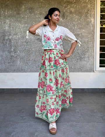 Floral Printed Mul Cotton Skirt with Embroidered Crop Top - Off White with Green