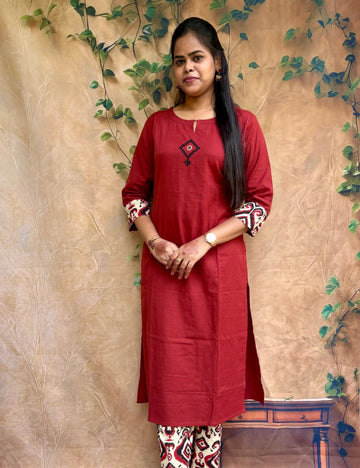 Budget Friendly Cotton Casual Wear Kurta set with Ikat Bottom - Rust Brown
