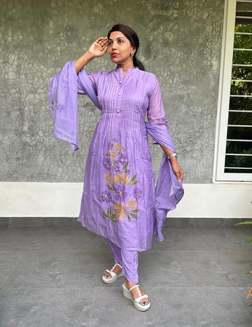 Designer Mul Chanderi A-Line Floral Printed Kurta Set - Lilac