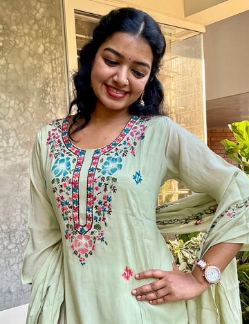 Muslin Silk A-line Designer Kurta Set - Pista Green