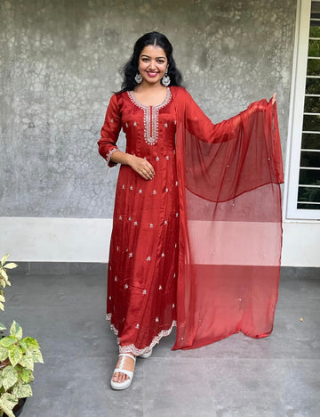 Chinon Silk Embellished Designer Anarkali Kurta Set – Burnt Orange