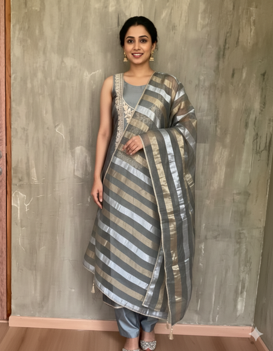 Muslin Silk Pearl Worked Designer Unstitched Salwar - Grey