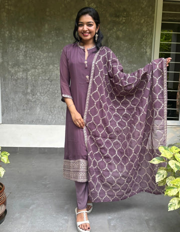 Embellished Georgette Designer Kurta Set with Heavy Work Dupatta - Purple