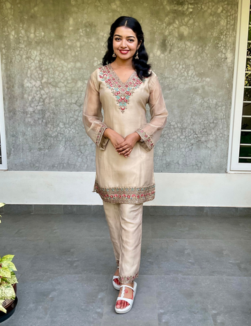 Soft Crushed Tissue Silk Designer Coord Set - Beige