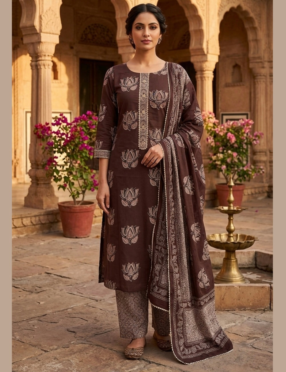 Premium Soft Cotton Designer Unstitched Salwar with Lotus Prints - Dark Brown
