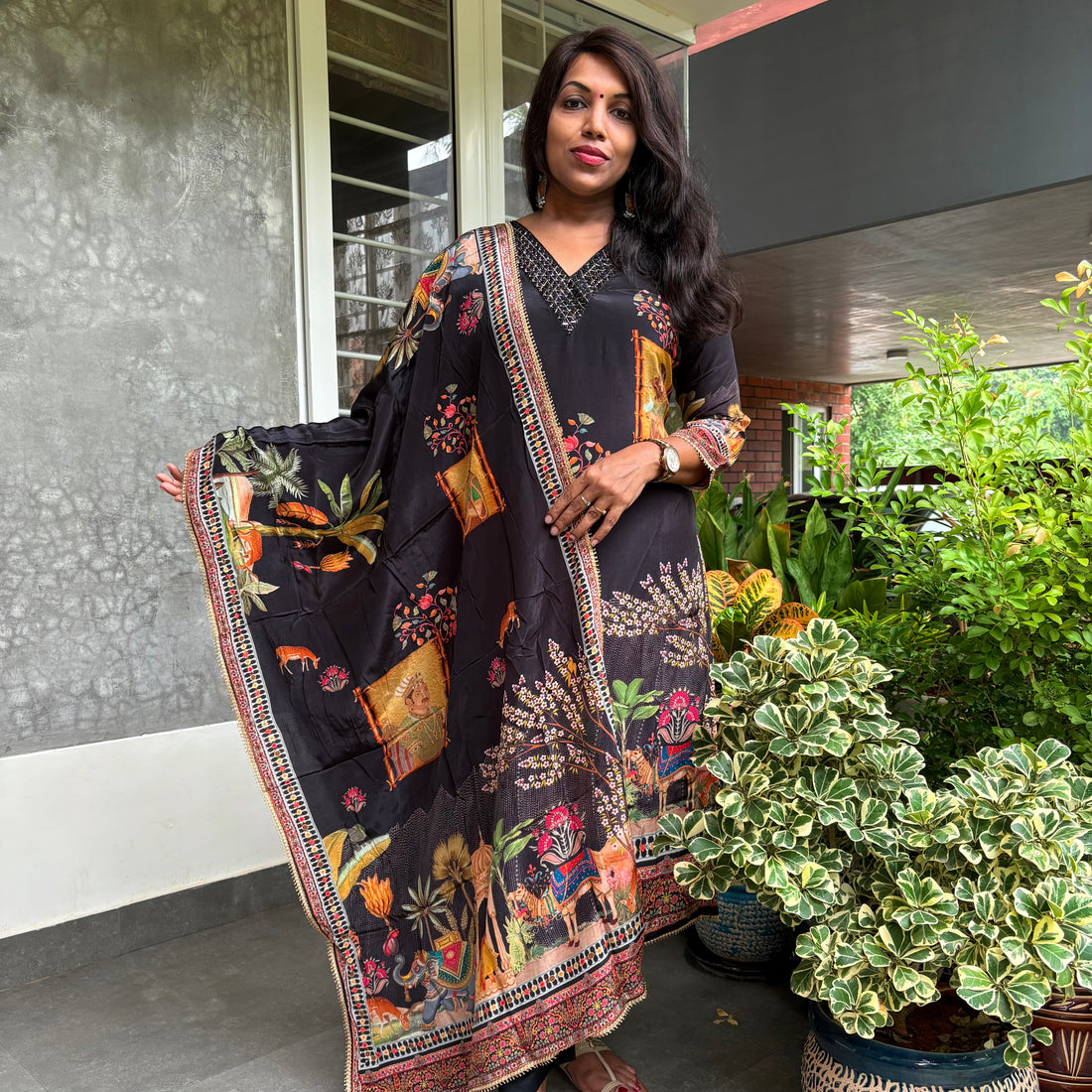 Ethnic Printed Modal Silk Designer Kurta Set - Black