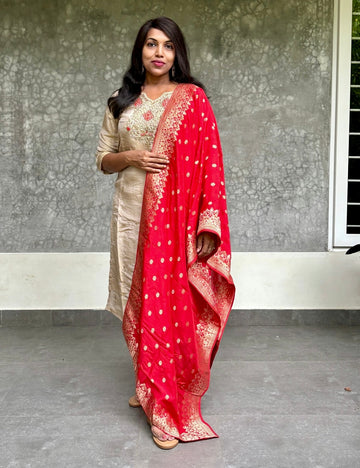 Soft Shimmer Silk Designer Kurta Set with Banaras Dupatta - Beige