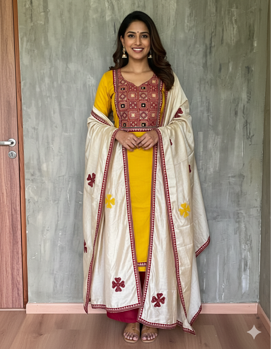 Soft Cotton Ajrakh Patchwork Unstitched Salwar - Yellow