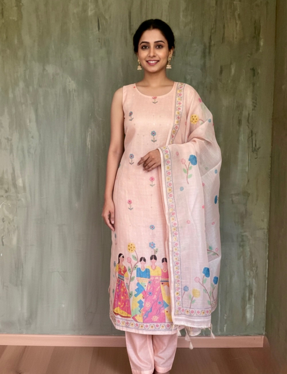 Jamdhani Silk Pearl Worked Designer Unstitched Salwar - Pastel Peach