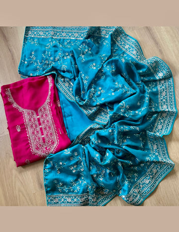 Dola Silk Ethnic Embroidered Designer Unstitched Salwar - Rani Pink