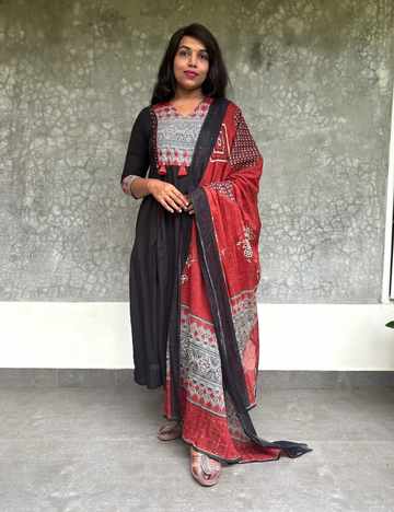 Cotton Aline Ajrakh PatchWork Designer Kurta Set - Black