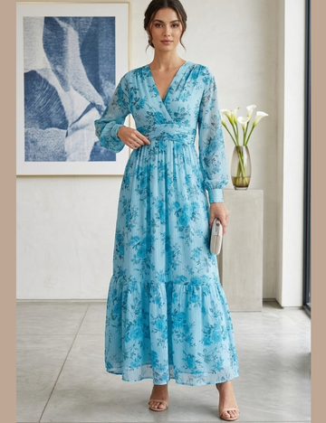Floral Printed Georgette Designer Maxi Dress - Blue