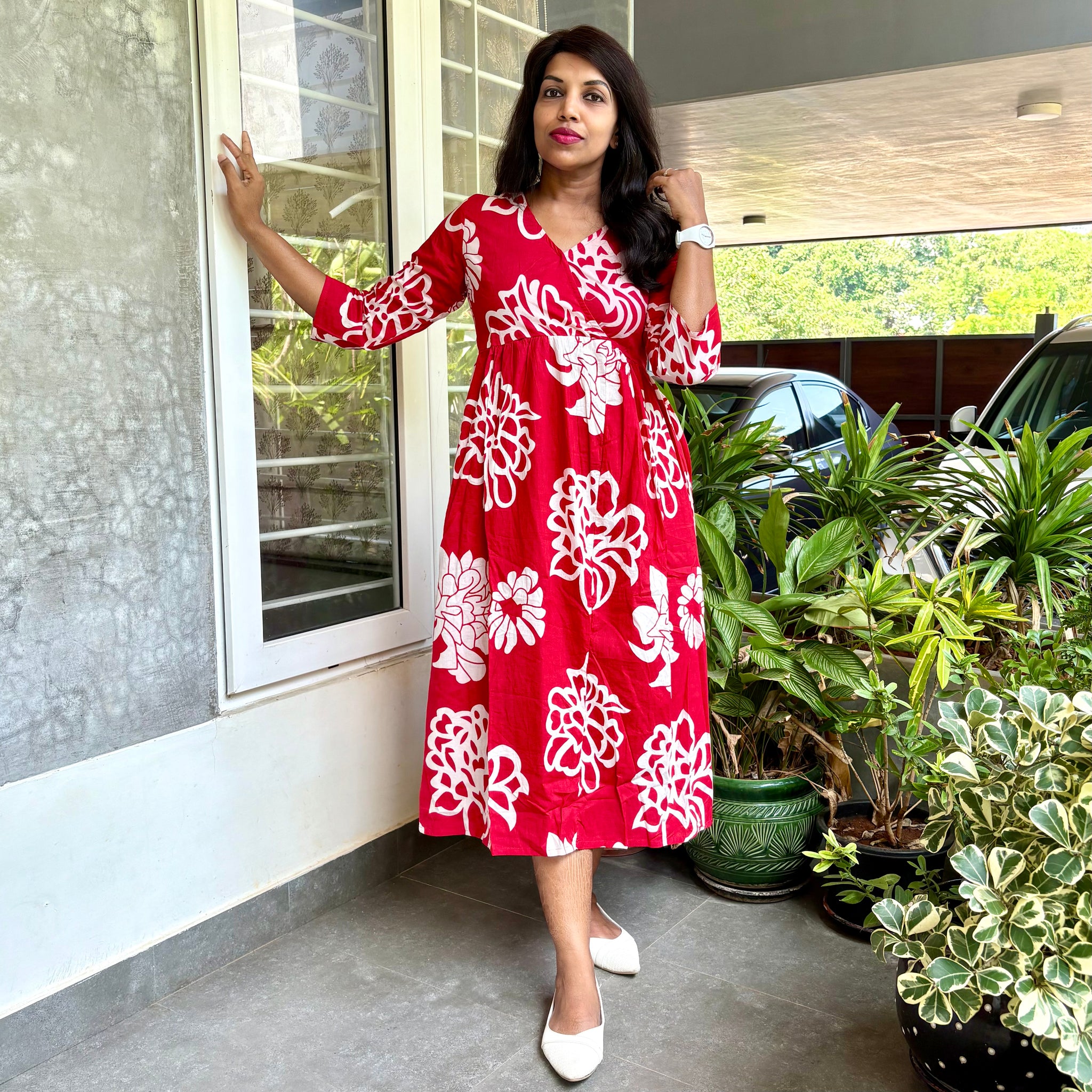 Floral Printed Aline Midi Style Dress - Red