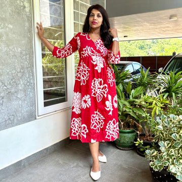 Floral Printed Aline Midi Style Dress - Red