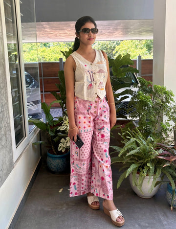 Floral Printed Cotton Co-Ord Set with Waist Coat Style Crop Top - Off White