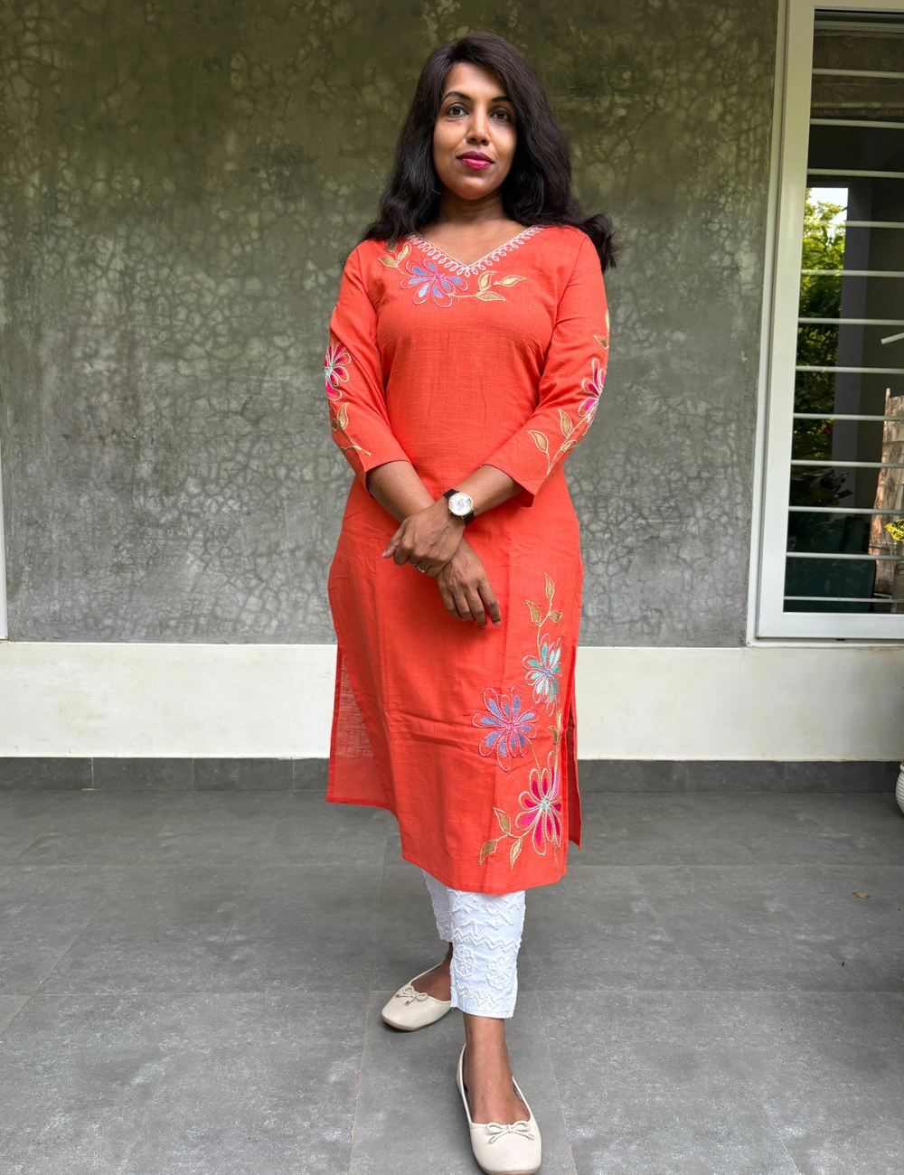 Floral Embroidered Cotton Kurta - Orange